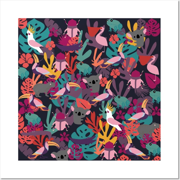 Cute Animals Pattern on Tropical Leaves Wall Art by kapotka